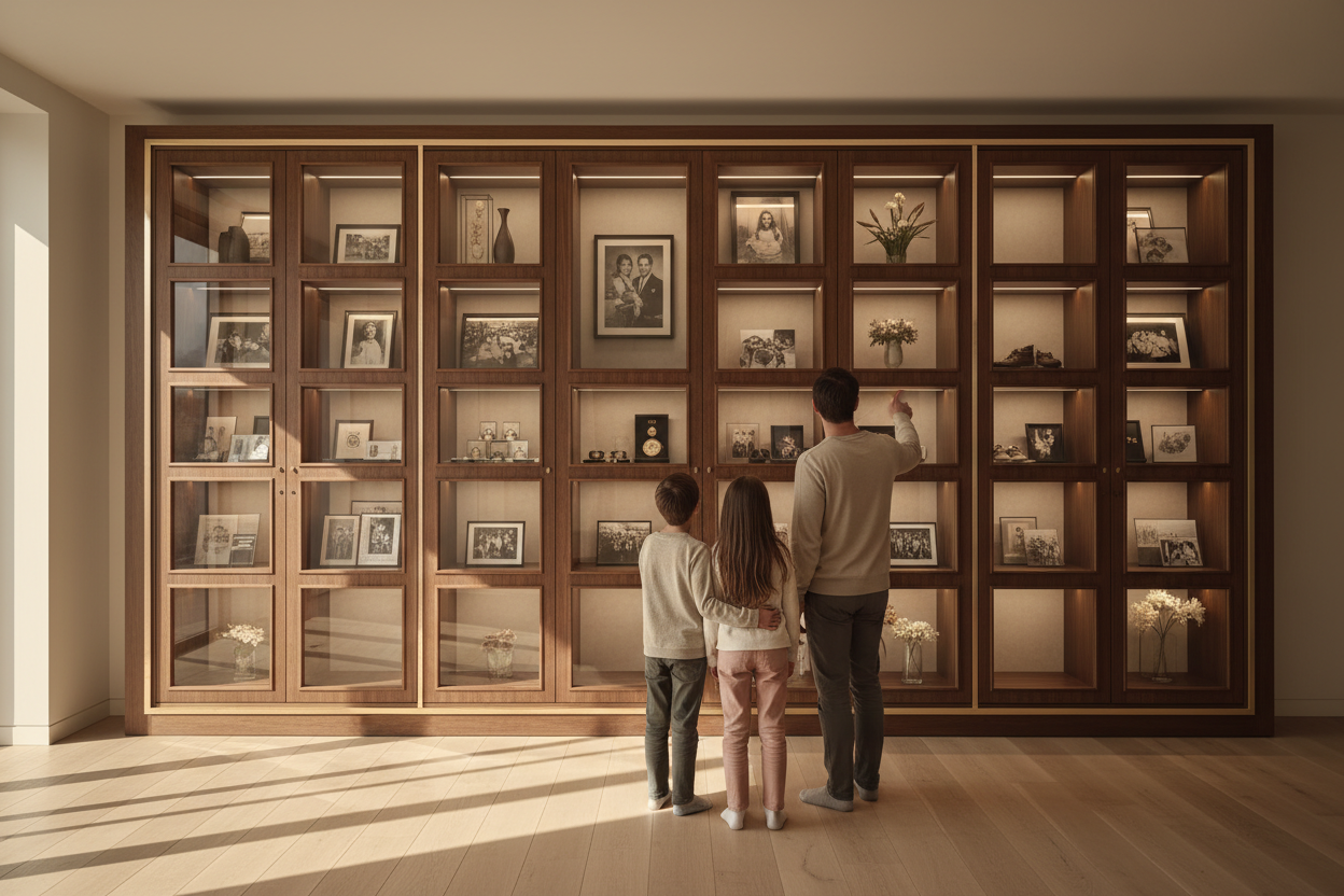 Make the room less cluttered.  Have a family admiring the items on the wall.  On the wall make some display panels like the one in the library