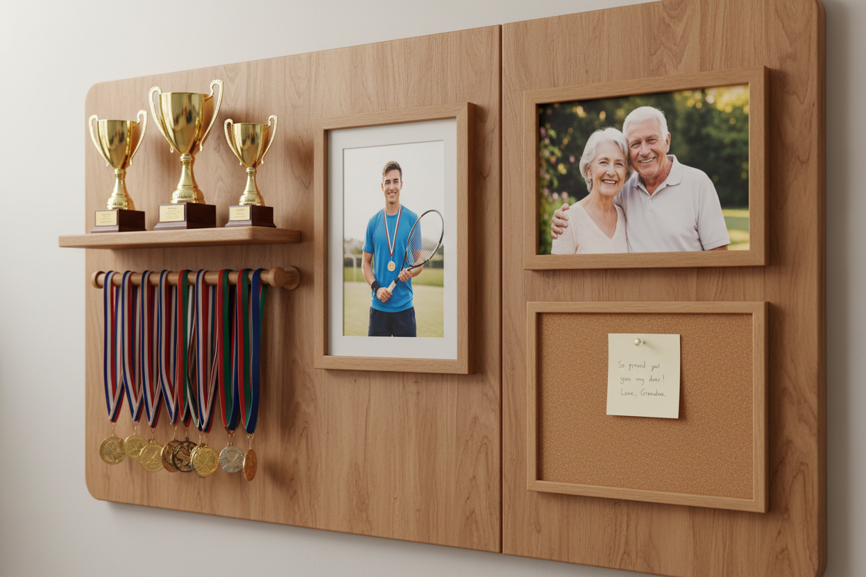 Show a wall with a wood panel that has a shelf with a 3 trophies.  Below the shelf is  dowel rail mounted horizontal with medals and ribbons hanging down.  Next to the shelf and hanger is a frame mounted to the panel with a picture of a person on the podium holding a tennis racket with one of the medals around his neck

On a panel next to this panel is a picture in a frame of Grandma and grandpa.  Next to the frame is a corkboard moiunted to the panel with the note from grandma. 